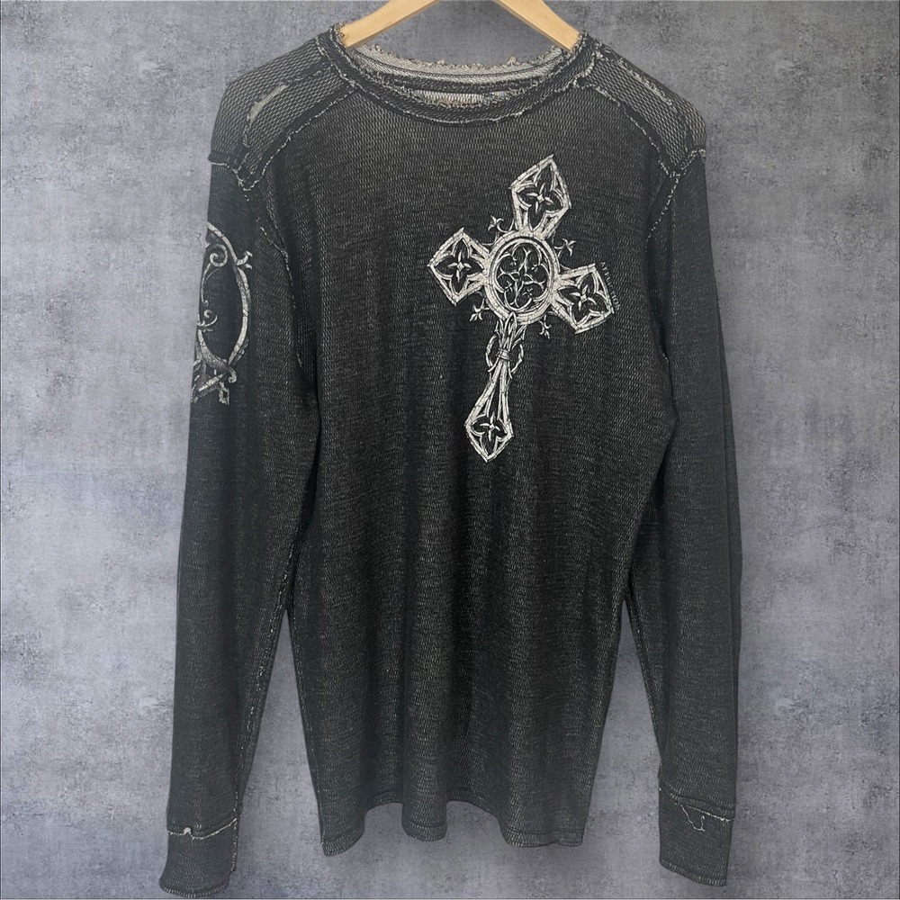 Vintage Affliction Y2K Long Sleeve Thermal Shirt Reversible Cross Wings Mens L